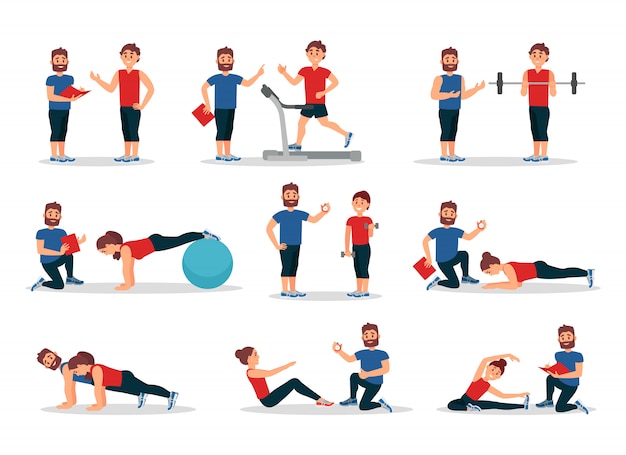 Conjunto plano de personas en el gimnasio con entrenador personal. Hombres y mujeres haciendo varios ejercicios. Actividad física y estilo de vida saludable.