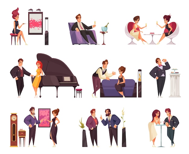 Conjunto plano de personas ricas de personajes de hombres y mujeres en el interior con muebles en la ilustración de vector de fondo blanco