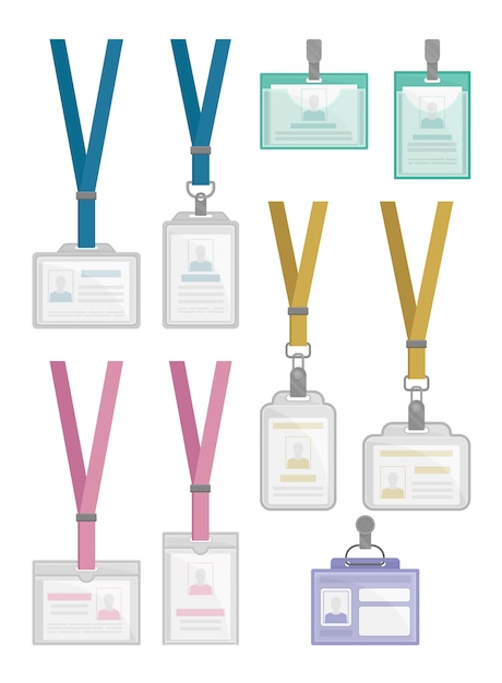Conjunto plano de plantillas de titulares de tarjetas de identificación. Insignias de identificación de empleados con correas para el cuello y clips metálicos.