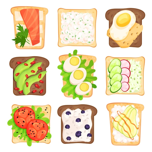 Conjunto plano de rebanadas de pan tostado con diferentes ingredientes. Sándwiches con verduras, bayas, huevos y requesón. Meriendas saludables