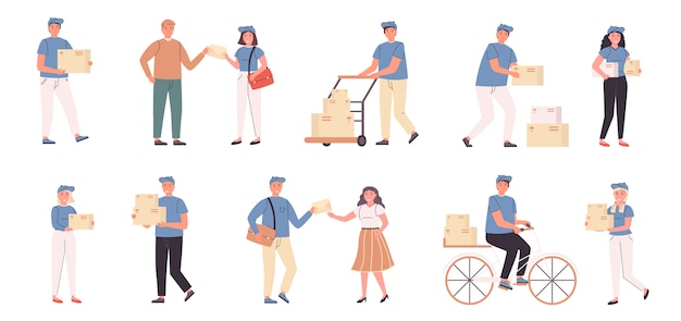 Conjunto plano de repartidores y destinatarios