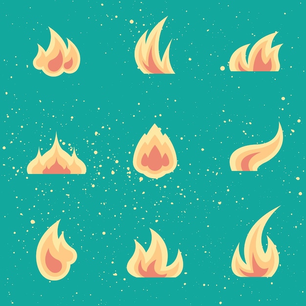 Conjunto plano de varios elementos de fuego colección de iconos de llama diferentes formas de fuego ilustración vectorial