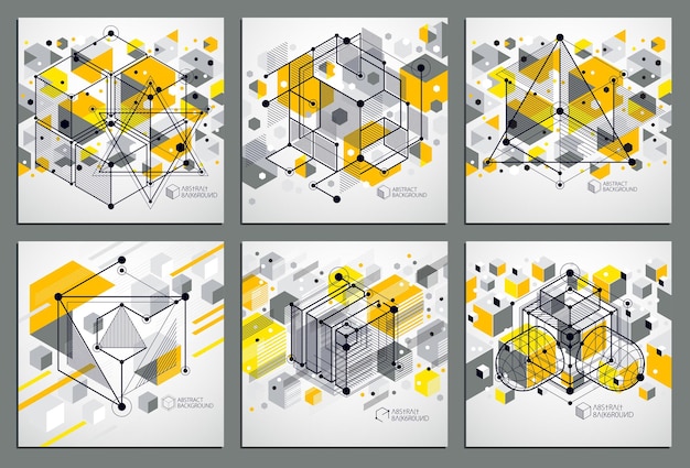 Conjunto de planos técnicos, fondo digital vectorial amarillo con elementos de diseño geométrico, cubos. papel pintado tecnológico de ingeniería hecho con panales.