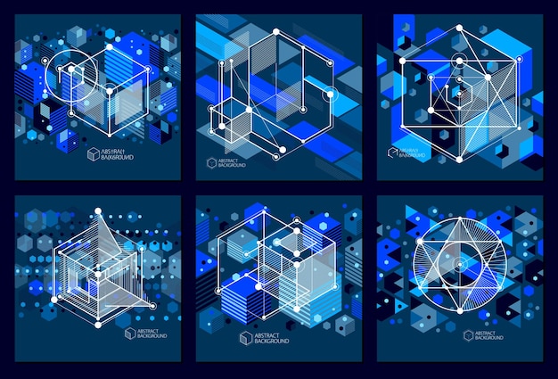 Conjunto de planos técnicos, fondo digital vectorial azul negro con elementos de diseño geométrico, cubos. Papel pintado tecnológico de ingeniería hecho con panales.