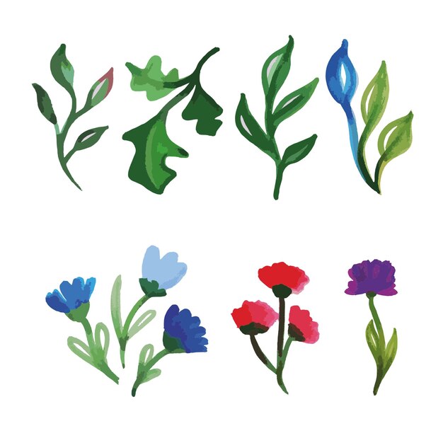 Un conjunto de plantas acuáticas, hojas y flores. Vetas azul y rosa-rojo. Acuarela vectorial. pétalos