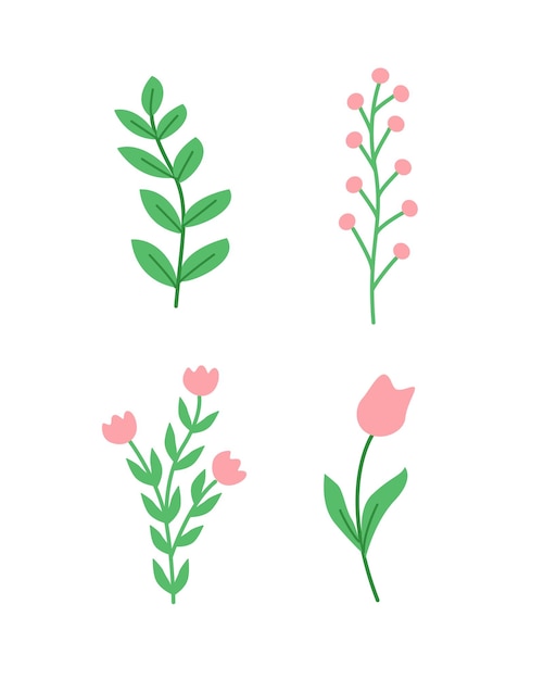 Un conjunto de plantas de campo pradera hierba y flores tulipanes amapolas Vector doodle ilustración