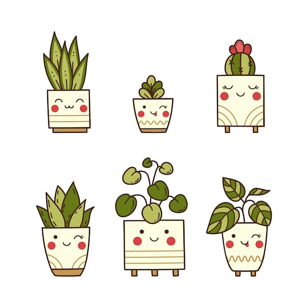 Conjunto de plantas de casa vector lindo en macetas. Graciosas pegatinas de bebé con flores caseras
