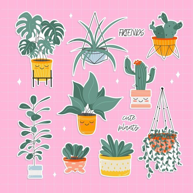 Vector conjunto de plantas domésticas en macetas colección de pegatinas de plantas de flores domésticas