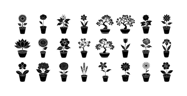 Conjunto de plantas y flores en maceta de silueta negra aisladas sobre un fondo blanco