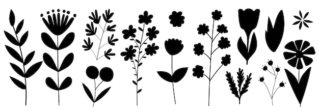 conjunto, de, plantas, flores, silueta, vector