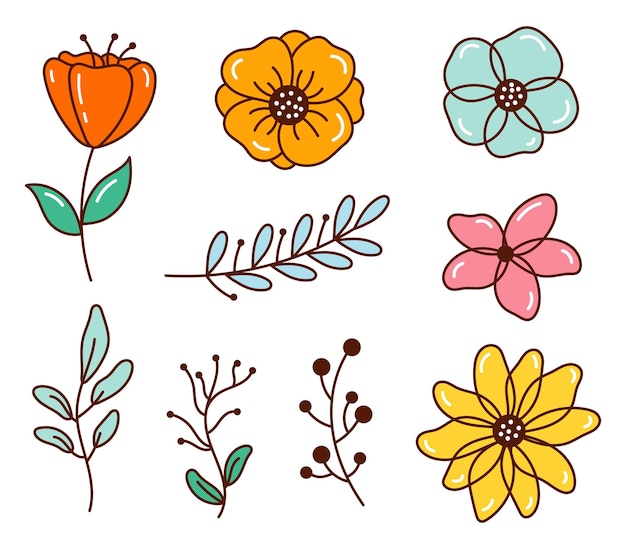 Vector un conjunto de plantas y hojas de flores de primavera al estilo de dibujos animados de garabatos