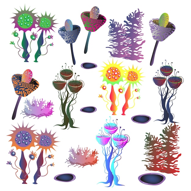 Vector conjunto de plantas y hongos extraterrestres