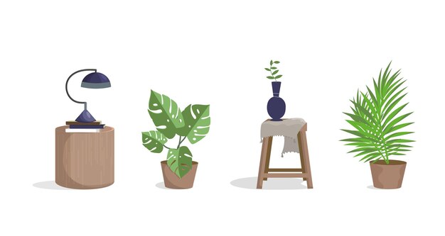 Un conjunto de plantas de interior y elementos de interior sobre un fondo blanco. Clipart.