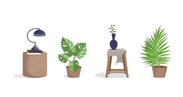 Vector un conjunto de plantas de interior y elementos de interior sobre un fondo blanco. clipart.