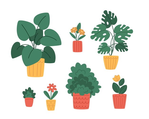 Conjunto de plantas de interior en macetas modernas en estilo plano