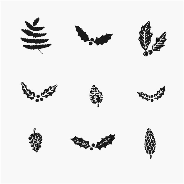 Conjunto de plantas de invierno y elementos botánicos. lindas ilustraciones dibujadas a mano, aislado simple en blanco y negro