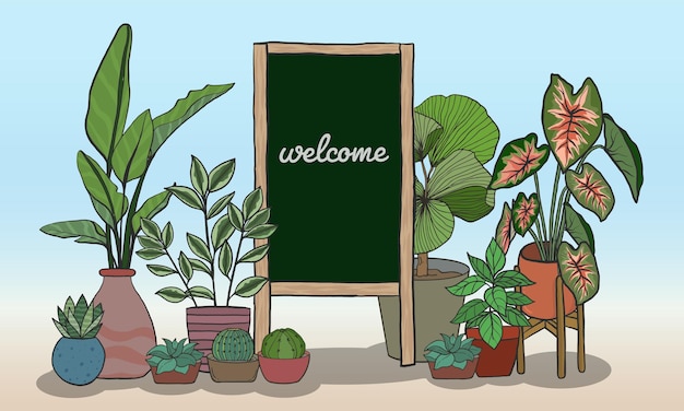 Vector conjunto de plantas en macetas con tablero negro para escribir mensajes