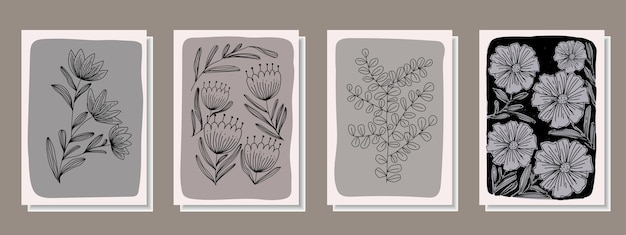 Conjunto de plantas minimalistas y flores impresión abstracta arte de línea diseño monocromático en blanco y negro