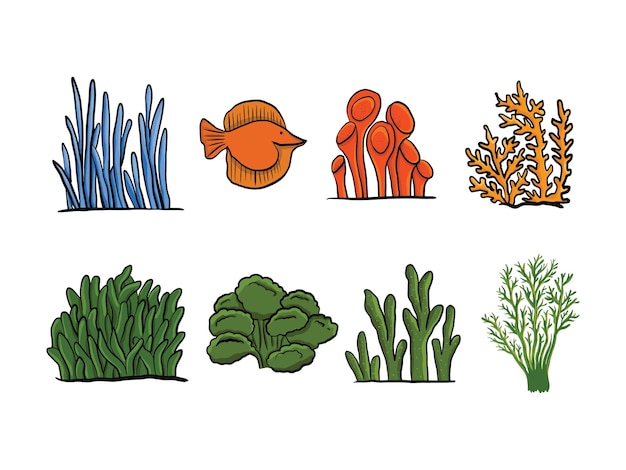 Vector un conjunto de plantas y peces submarinos.