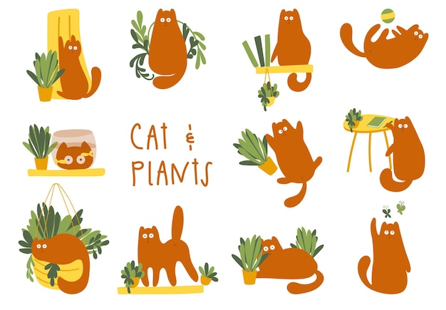 Conjunto de plantas y personajes de fanny cat.