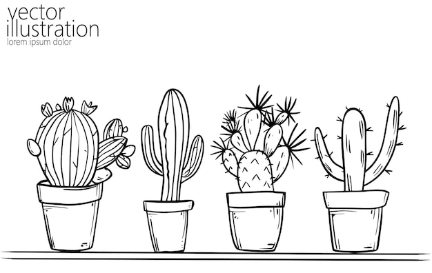 Conjunto de plantas suculentas de cactus Plantas caseras de una línea de tinta Esbozo de flores en una olla decorativa