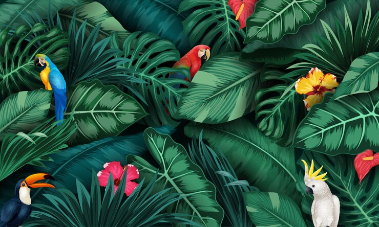 Vector conjunto de plantas tropicales y colección de aves.
