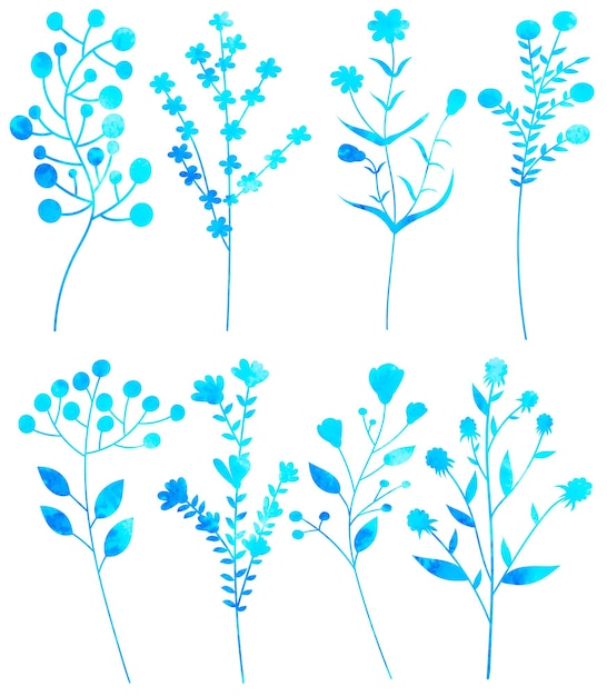 Conjunto de plantas vector aislado de silueta de acuarela azul