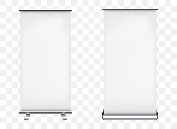Un conjunto de plantilla 3d de banner enrollable para su diseño Vector realista aislado en transparente