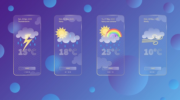 Conjunto de plantilla de aplicación de pronóstico del tiempo de morfismo de vidrio 3d kit de diseño de interfaz iconos meteorológicos del día sobre fondo degradado azul oscuro colecciones de temporada pantalla de morfismo de vidrio del teléfono inteligente ilustraciones vectoriales