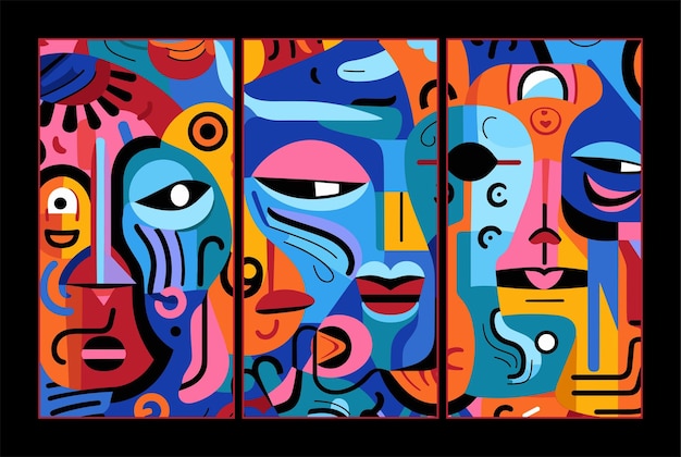 Conjunto de plantilla artística de decoración de paredes en rostro contemporáneo abstracto y colorido