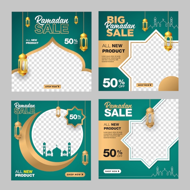 Conjunto de plantilla de banner de venta editable ramadán. con adornos de luna, mezquita y linterna de fondo.