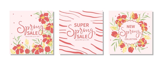 Conjunto de plantilla de banner de venta de primavera con letras y abstracción de flores de colores