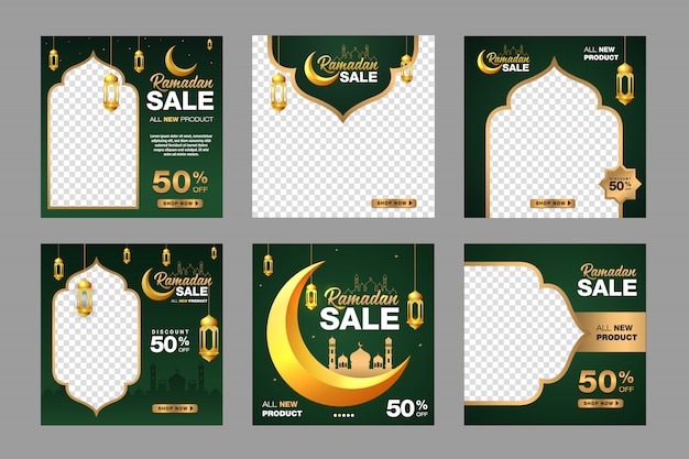 Conjunto de plantilla de banner de venta de ramadán. con adornos de luna, mezquita y linterna de fondo. adecuado para publicaciones en redes sociales, instagram y anuncios web en internet. ilustración con foto de la universidad