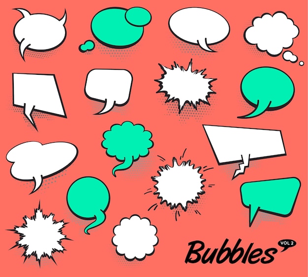 Conjunto de plantilla en blanco en estilo pop art vector comic text speech bubble halftone dot background