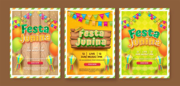 Conjunto de plantilla de cartel vertical festa junina con cinta de globo y otros