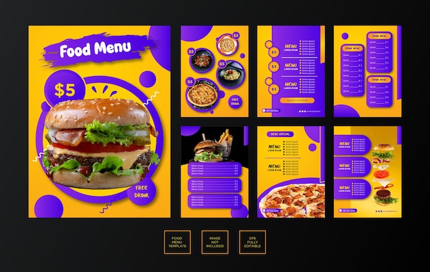 Conjunto de plantilla de comida de menú de diseño moderno completo editable