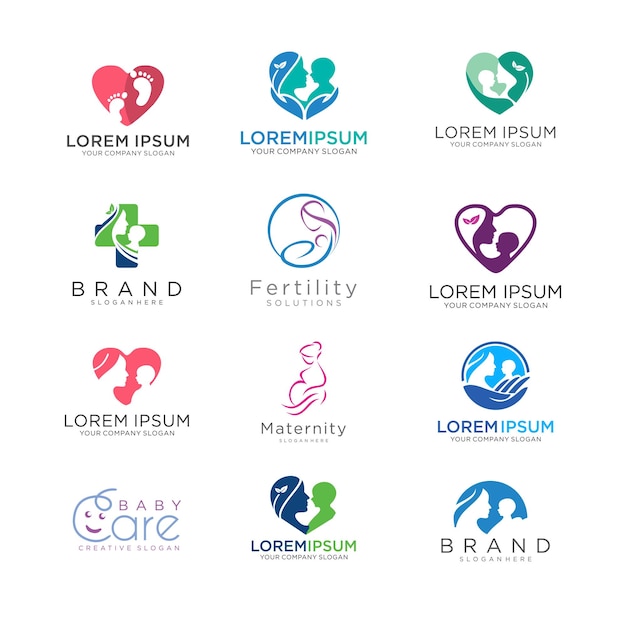 Conjunto de plantilla de concepto de diseño de logotipo de cuidado de mamá y bebé Embarazo de maternidad