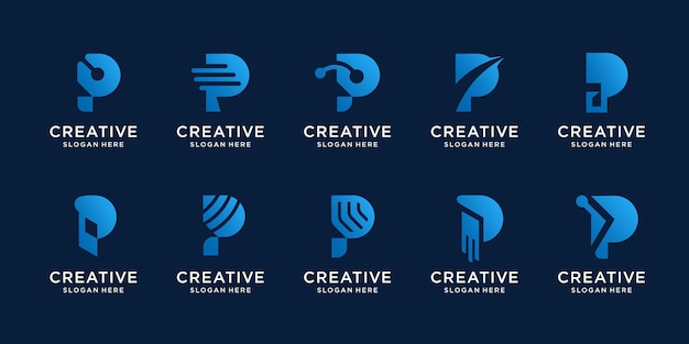 Conjunto de plantilla creativa de diseño de logotipo letra p. logotipo inicial para el diseño de tecnología abstracta.