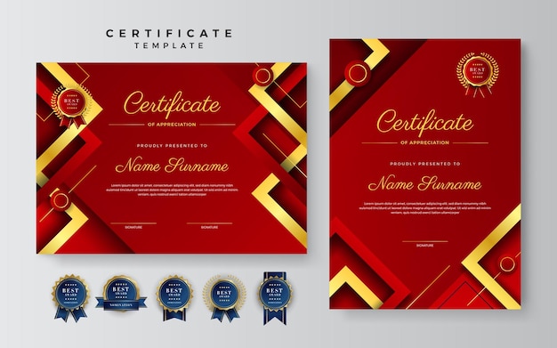 Conjunto de plantilla de diseño de certificado abstracto colorido geométrico rojo y dorado de estilo corporativo
