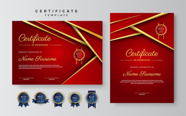 Conjunto de plantilla de diseño de certificado abstracto colorido geométrico rojo y dorado de estilo corporativo