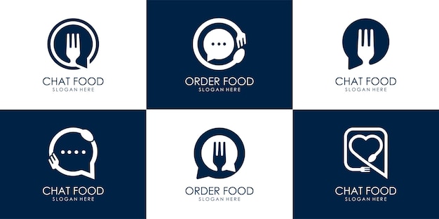 Conjunto de plantilla de diseño de ilustración de vector de logotipo de charla de comida, o pedir comida o burbujas de chat con un tenedor