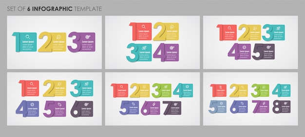 Conjunto de plantilla de diseño de infografía con 3, 4, 5, 6, 7, 8 opciones o pasos. concepto de negocio.