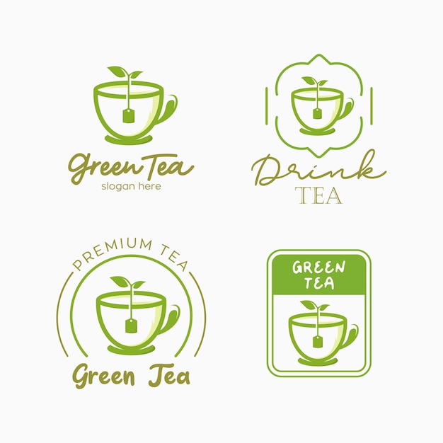 Conjunto de plantilla de diseño de logo de té verde. Ilustración de té verde a base de hierbas