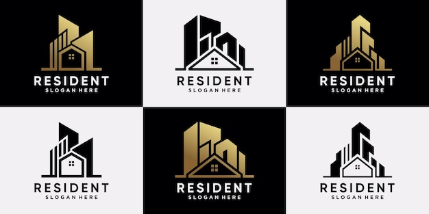 Conjunto de plantilla de diseño de logotipo de bienes raíces con color de estilo dorado y concepto moderno. logotipo de icono para empresa comercial vector premium