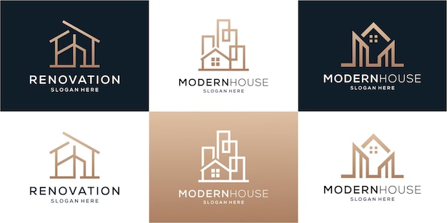 Conjunto de plantilla de diseño de logotipo de casa de construcción con concepto simple