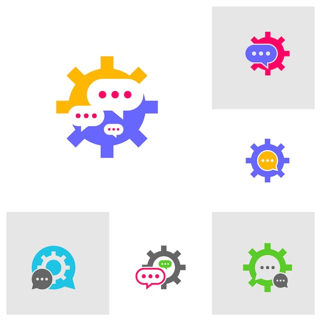 Conjunto de plantilla de diseño de logotipo de chat de engranajes Concepto de logotipo de engranajes de chat vector Símbolo de icono creativo