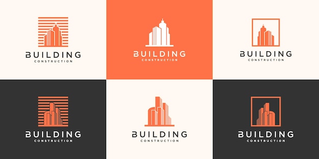 Conjunto de plantilla de diseño de logotipo de construcción, moderno, concepto, inmobiliaria y tarjeta de negocios. Vector premium