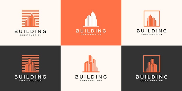 Conjunto de plantilla de diseño de logotipo de construcción, moderno, concepto, inmobiliaria y tarjeta de negocios. vector premium