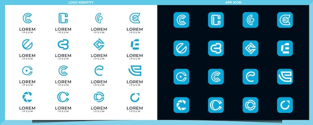 Conjunto de plantilla de diseño de logotipo de icono mínimo moderno letra inicial de monograma creativo C en un estilo azul
