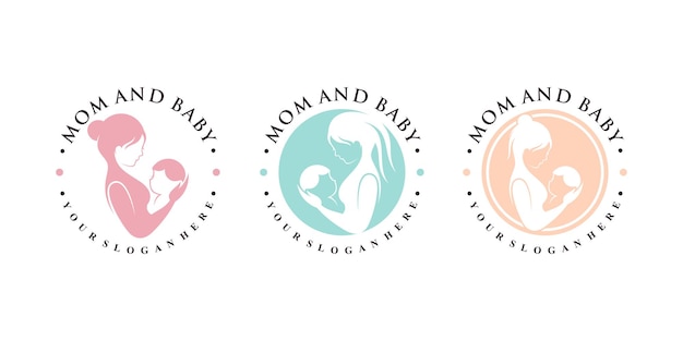 Conjunto de plantilla de diseño de logotipo de mamá y bebé con elemento creativo Vector Premium
